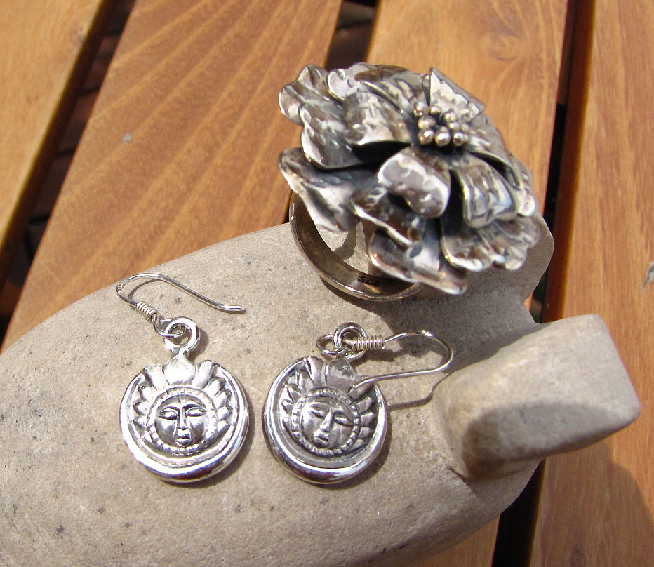 Enchanting Jewelry Set Ring Silver Flower ☼ Earrings Sun