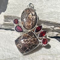 Pendant Fossil Agate with Garnet ❂ 925 Silver