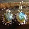 Indian Silver Earrings - oval Labradorite radial adornment