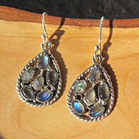 Earrings with 6 Labradorite in 925 Silver Mesh